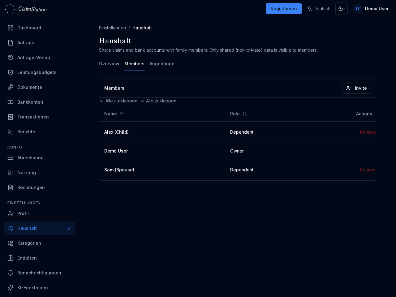 ClaimStation Haushaltsmitglieder-Einstellungen